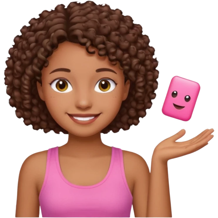 Uma menina com o cabelo cacheado curto é morena, e com uma regata rosa emoji