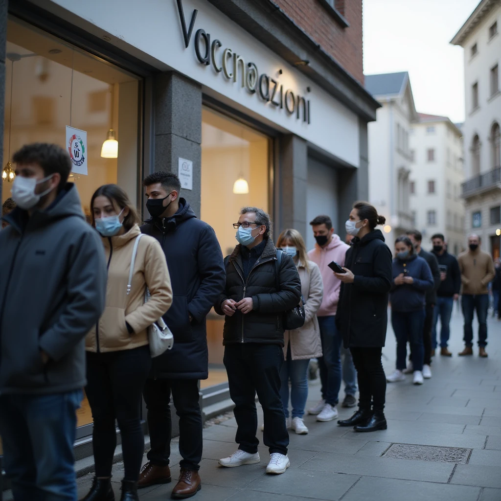 photo-realistic documentary style, diverse group of people in line outside a modern vaccination center, some masked, some talking quietly, clear 'Vaccinazioni' sign, urban setting, soft daylight, 4K resolution emoji