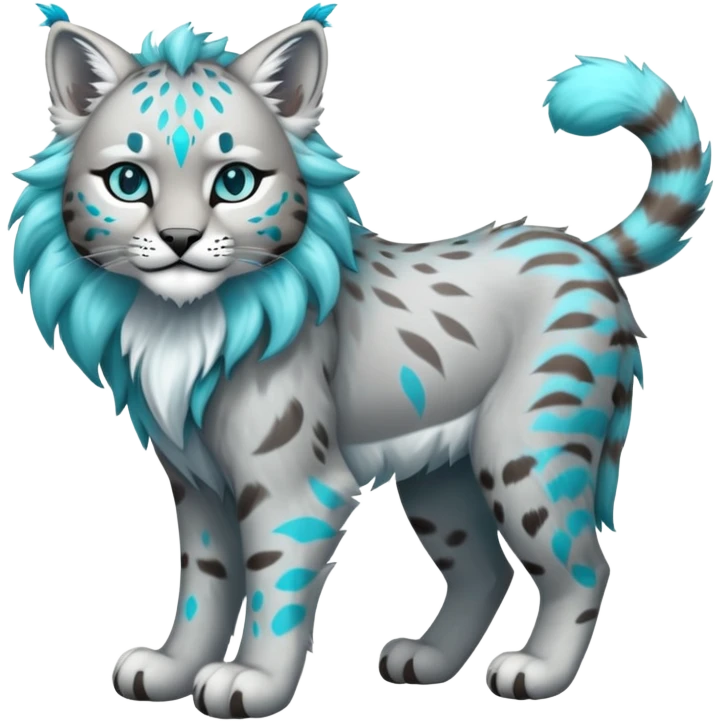 Silver-grey and cyan Fairy-type Bobcat-Lynx-Lion-Fakémon full body emoji