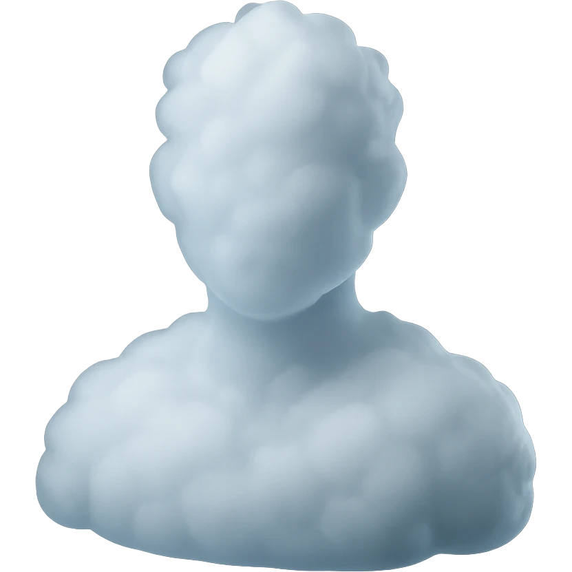 person made entirely of white fluffy clouds, shoulder up, front view, matte glass style emoji