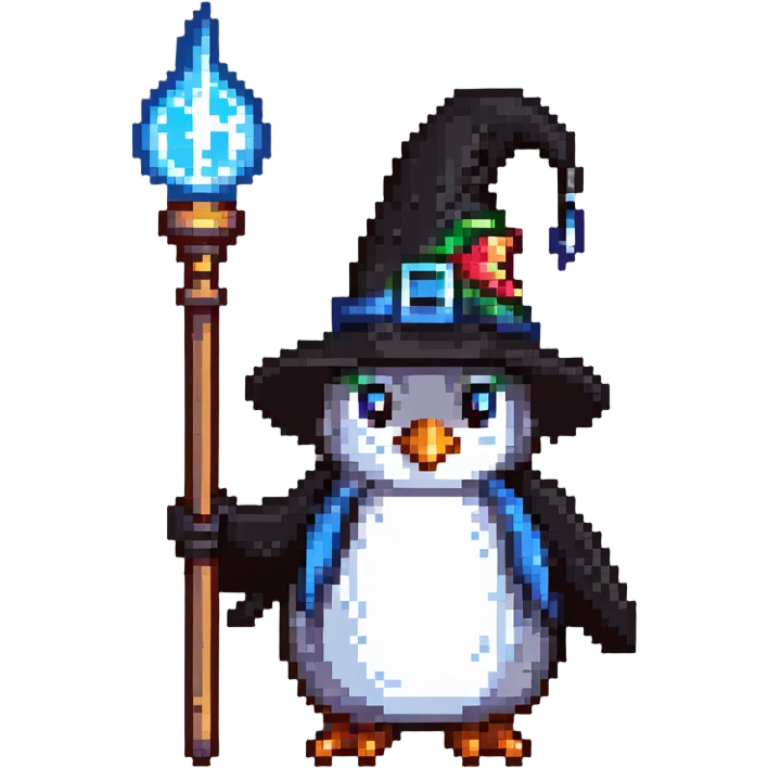 penguin wizard with a pointy hat and magic staff emoji