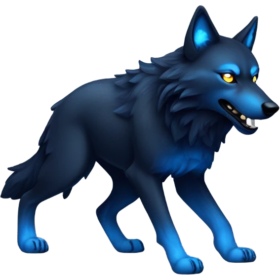 A black wolf with glowing eyes and blue flames emoji