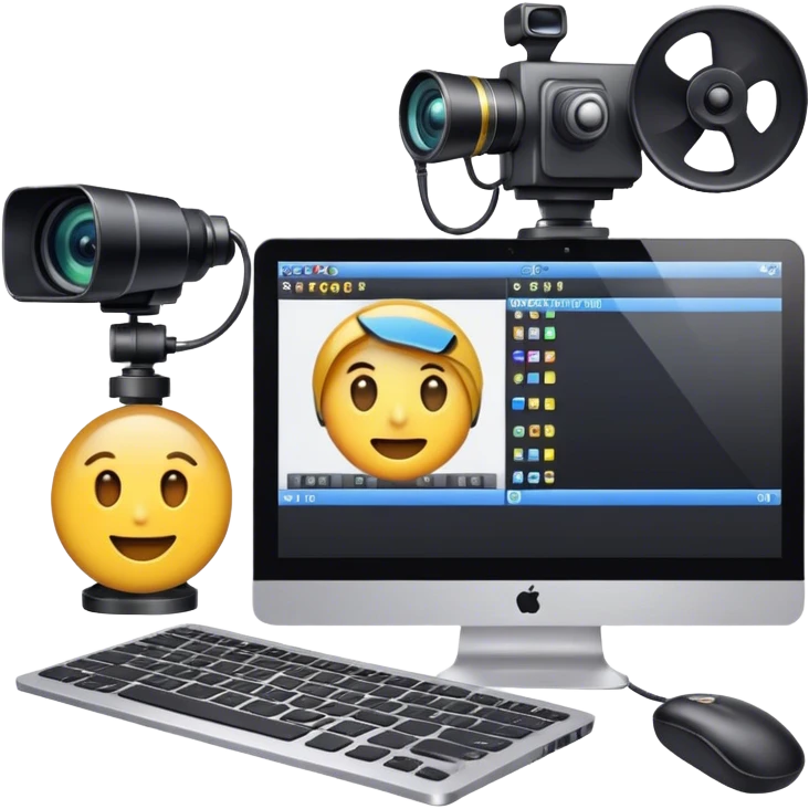 Create an emoji of video editing. Should feature a video editing timeline or interface on a computer screen, showing clips and a playhead. Include a video camera and editing tools. No smiley faces. Make the background transparent. emoji