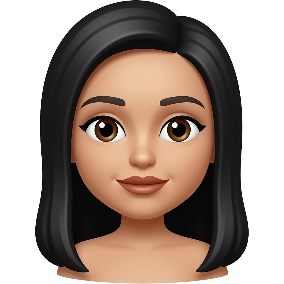 Ios 18 style emoji of girl from waist to head. Medium light brown skin, long butt length straight black hair. Big almomd eyes and full lips with brown color emoji