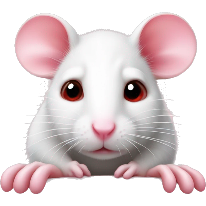 Realistic white rat with small ears, bright red eyes and baby pink tail and baby pink paws in sleeping position sad face eyes open emoji