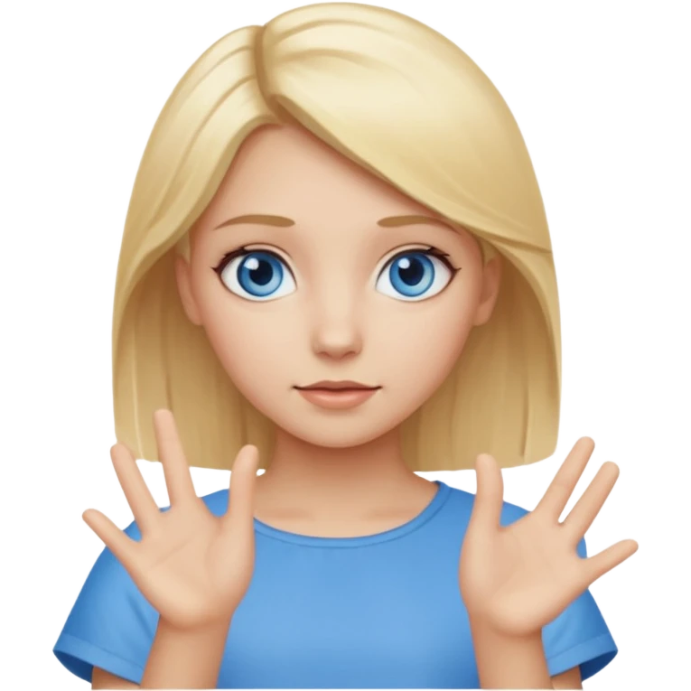 girl with blonde hair and blue eys with heands telling what  emoji