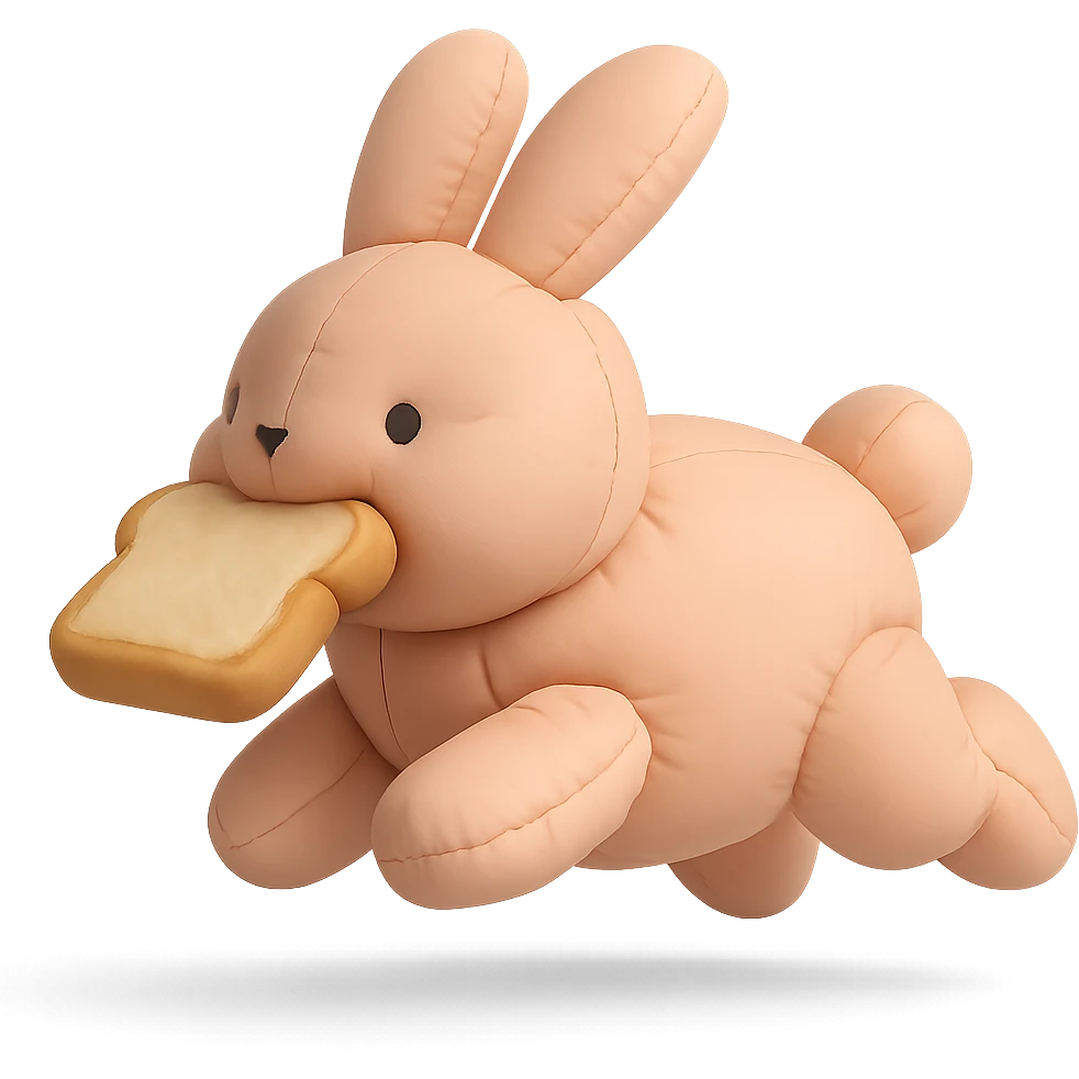 full-body peach bunny running with toast in mouth in cushion style emoji