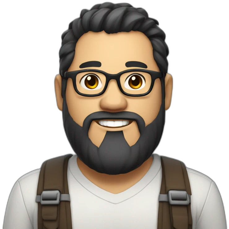 Mid age smiling chubby developer with light brown skin long beards and glasses and a very short black hair emoji