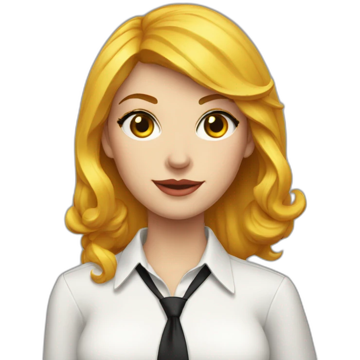 White Woman with red side swept bangs and yellow eyes wearing a white button up shirt and black tie emoji