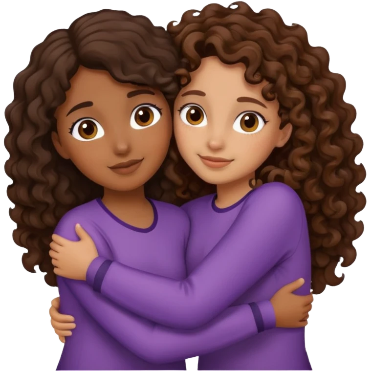 two girls hugging. they have brown skin tone. one has curly dark brown hair. one has medium brown wavy hair.  emoji