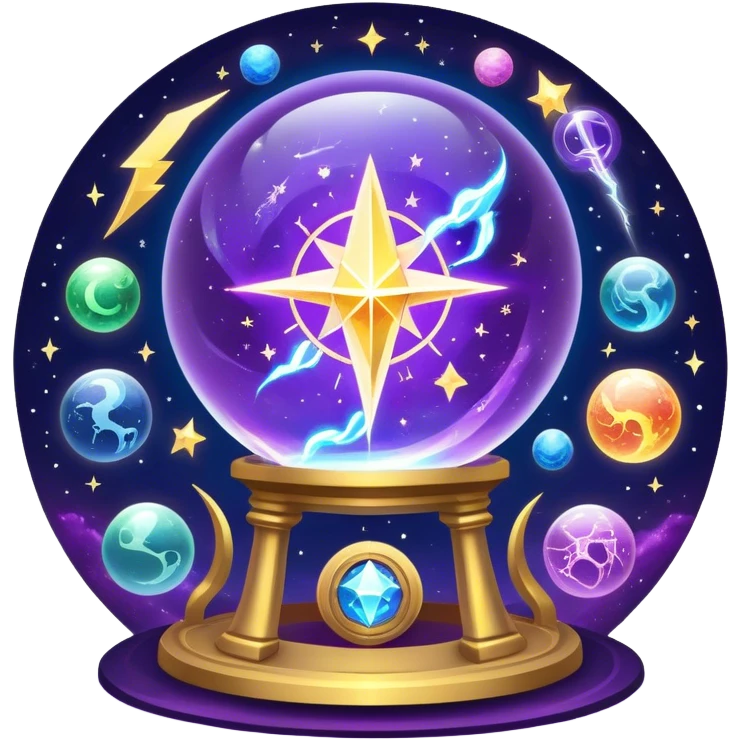 A mystical, glowing crystal ball with swirling sparkles and lightning bolts inside, with tarot cards spread out on the table around the ball, surrounded by zodiac signs and planets floating in space. Use bright purples, blues, and golds to create a magical, mysterious vibe. transparent background.  emoji