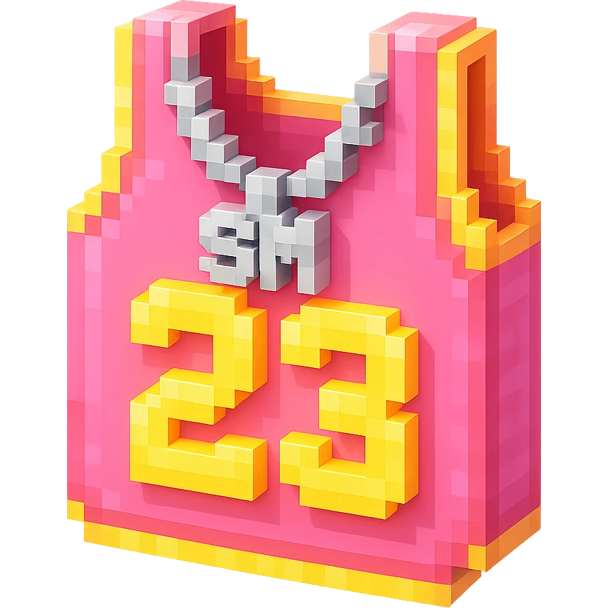 светящейся розовая баскетбольная майка с надписью "23" и серебряная цепь с надписью "SM", no background emoji