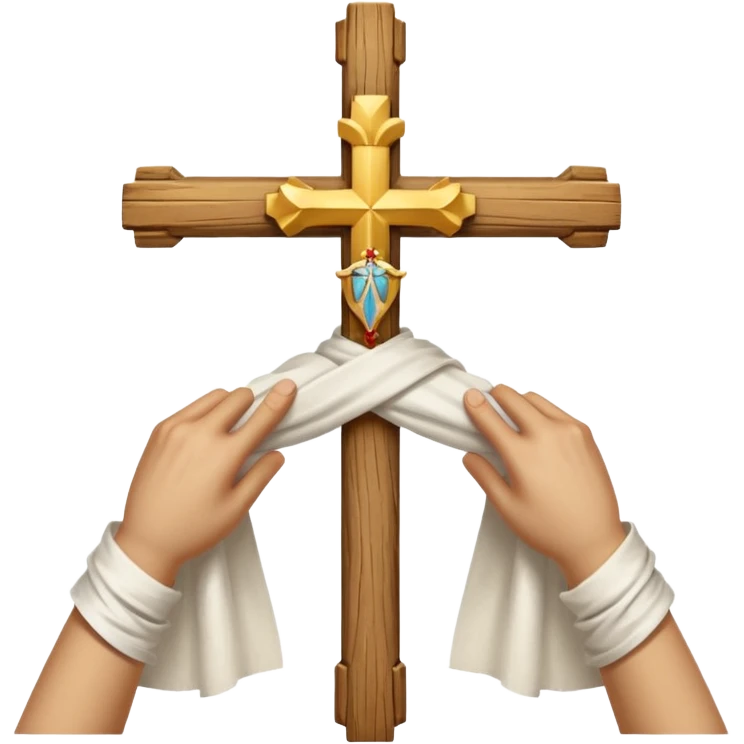 Cross made of wood, the top of the tip of the cross, a golden cross, and a white cloth hanging over the two arms of the cross emoji