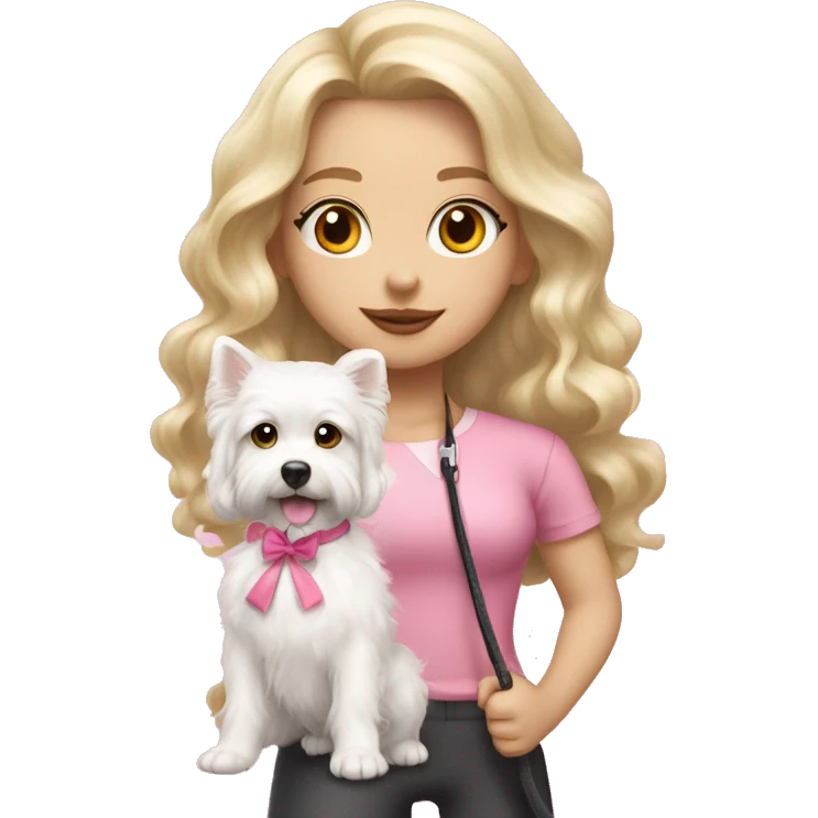 blonde girl with long wavy hair and soft pink lips taking a little fluffy white dog for a walk with a pink bow and leash  emoji