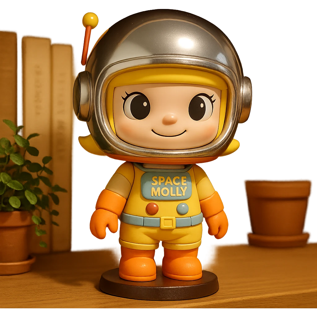 space molly as a doll cartoon, chibi proportions, shiny helmet, cute smile, soft colors emoji