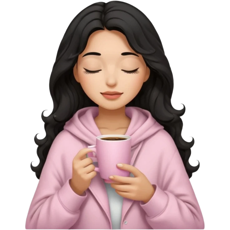 hispanic woman, black long wavy hair , closed eyes, feminine face, holding soft pink coffee cup wearing white Hoodie with pink blanket over shoulders emoji