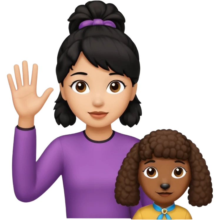 Ponytail black hair girl with brown Poodle say goodbye  emoji