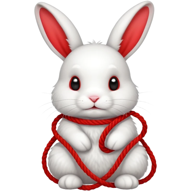 White realistic bunny with red rope tangled around emoji