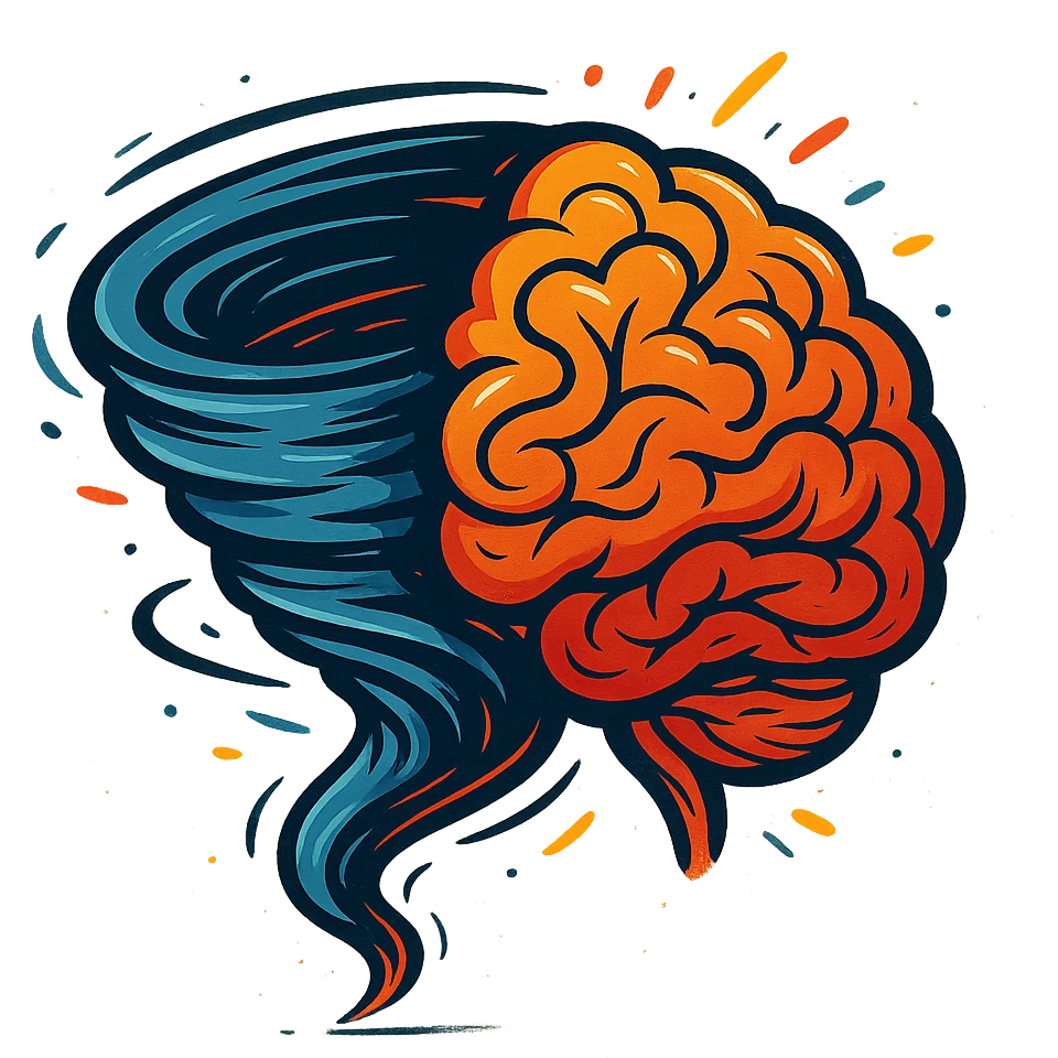 A creative icon combining a tornado and a human brain, symbolizing brainstorming or a brainstormer, in a visually striking and imaginative style. emoji