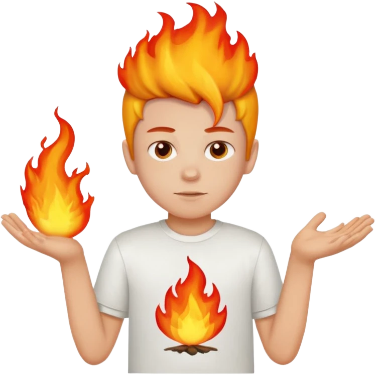 A boy with no hands fire instead made out of red fire and the boy is wearing a shirt that says FIRE C emoji
