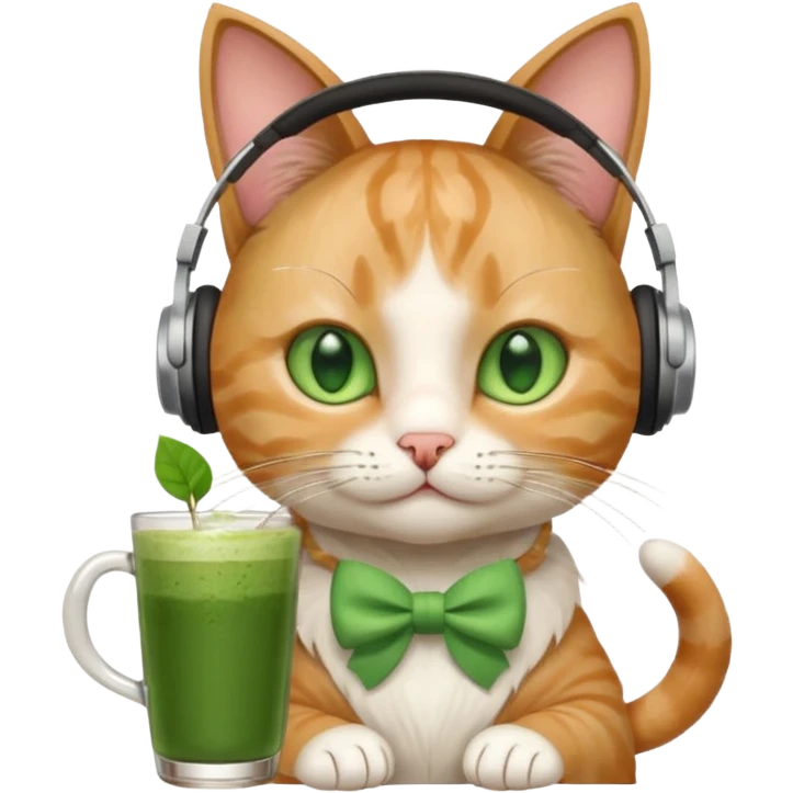 A cat wearing headphones with a glass of matcha, a bow on his ear emoji
