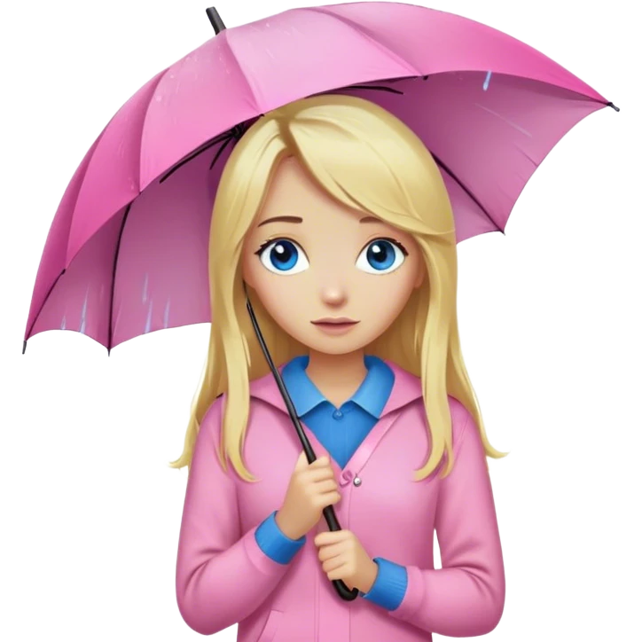Cinematic realistic emojis in the form of a blonde girl with long hair and blue eyes, dressed in a pink sweater and jeans, holding an umbrella above her, on which rain is dripping emoji