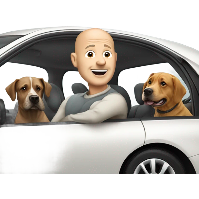A bald man in his 50s driving a Prius filled with a bunch of dogs sticking their heads out of the windows emoji
