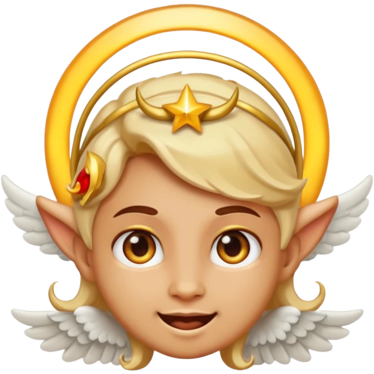 playful emoji face with one angelic side with halo and serene expression, one devilish side with horn and mischievous grin emoji