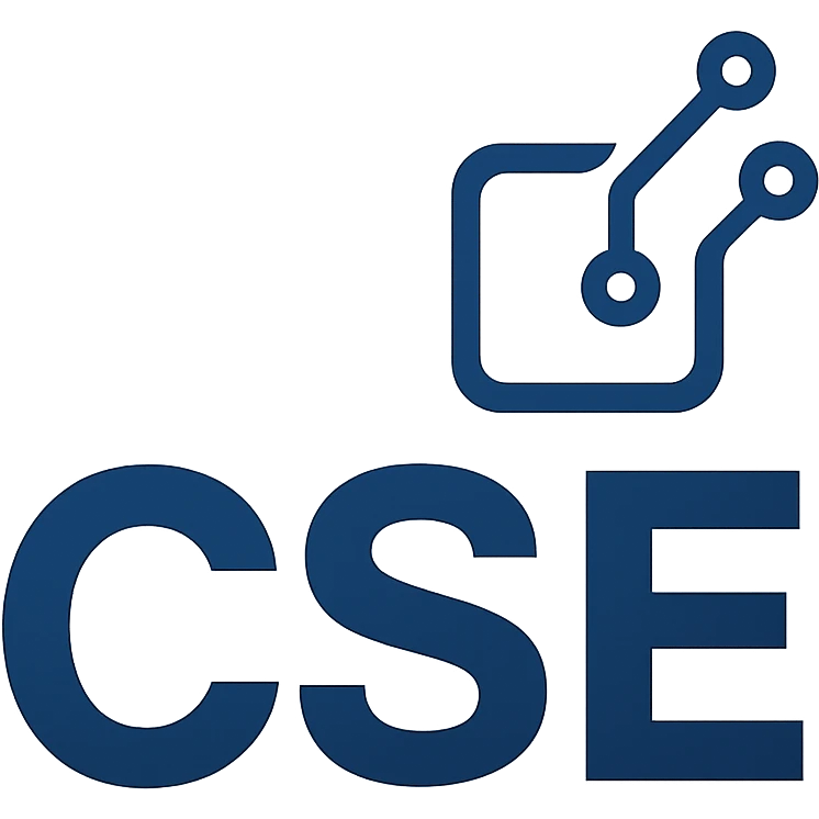 modern CSE logo, bold sans-serif letters, simple tech icon, blue and white emoji