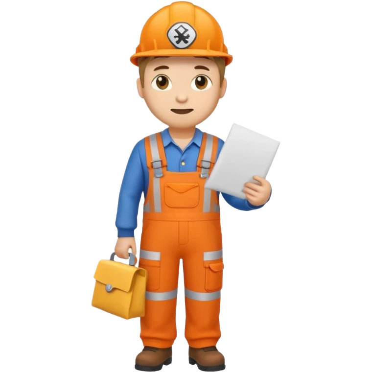 emoji style railway engineer full body in orange overalls, carrying one piece of paper in front of him emoji