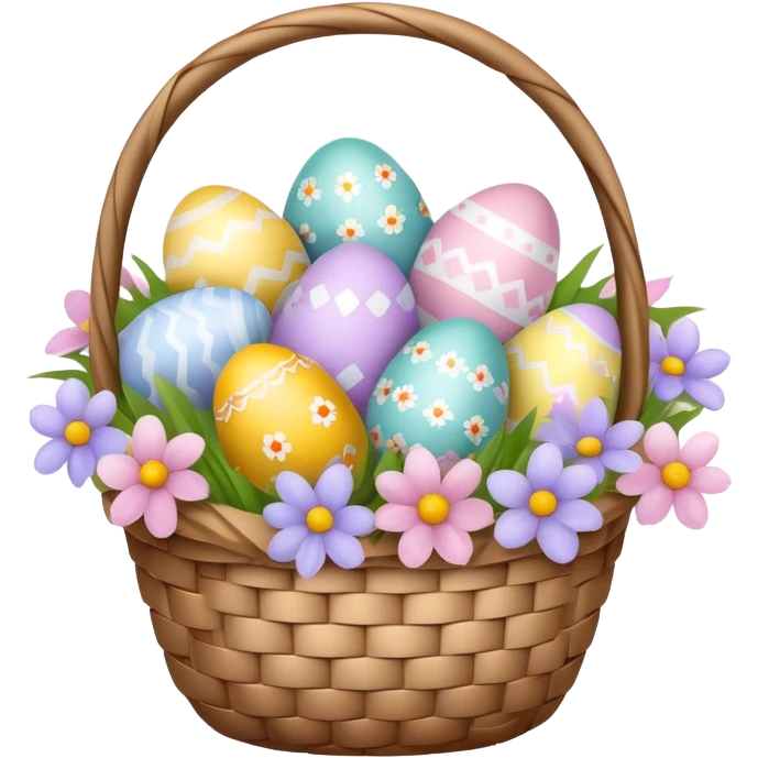 Easter basket filled with decorated eggs and spring flowers emoji