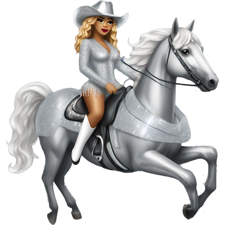 beyoncé in a silver crystal outfit wearing a silver crystal cowboy hat riding a silver shimmery horse emoji