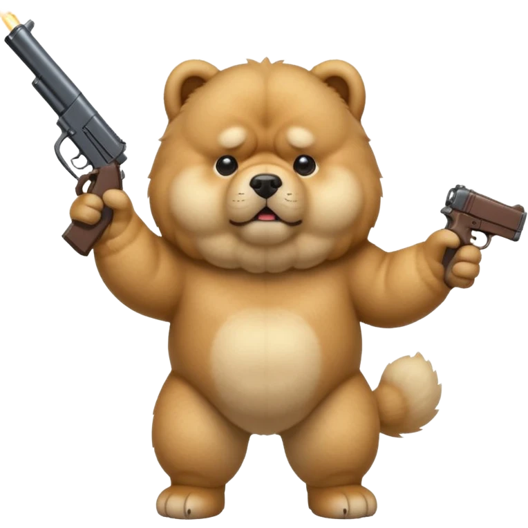Funny cartoon-style chow chow dog with light fur standing on its hind legs and holding a gun menacingly emoji