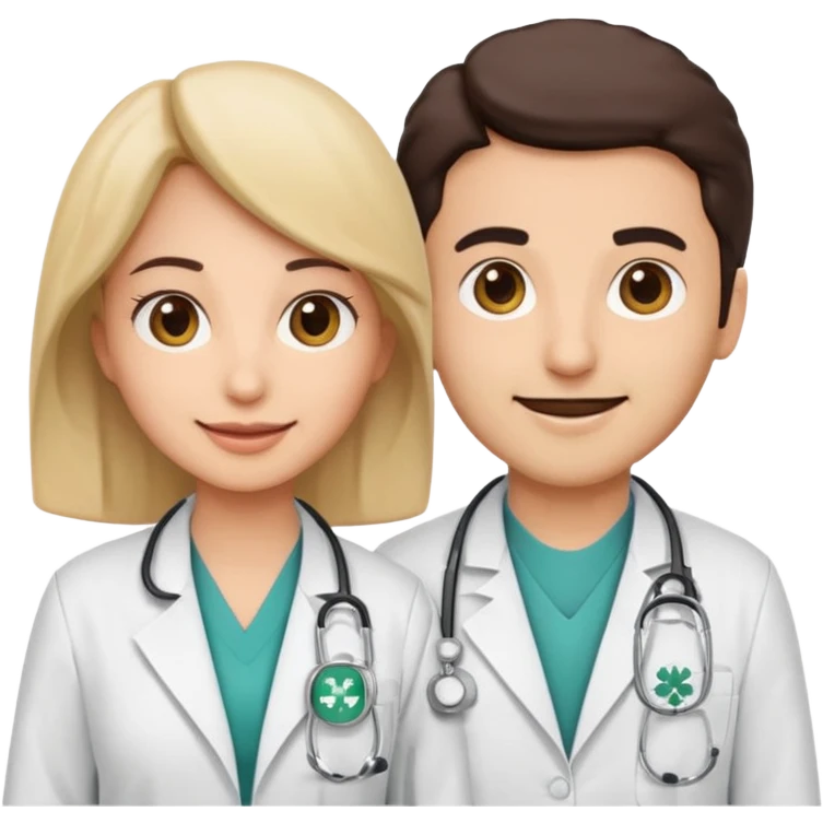 A cute cartoon-style emoji of a Saudi male and female doctors wearing white lab coats with the Alfarabi Medical Laboratories logo. Friendly smiles, soft colors, and simple features, suitable for medical branding and social media. emoji