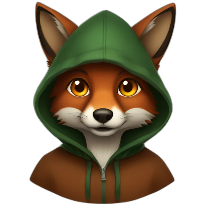 a small dark brown fox with orange eyes with a dark green hood that smile emoji
