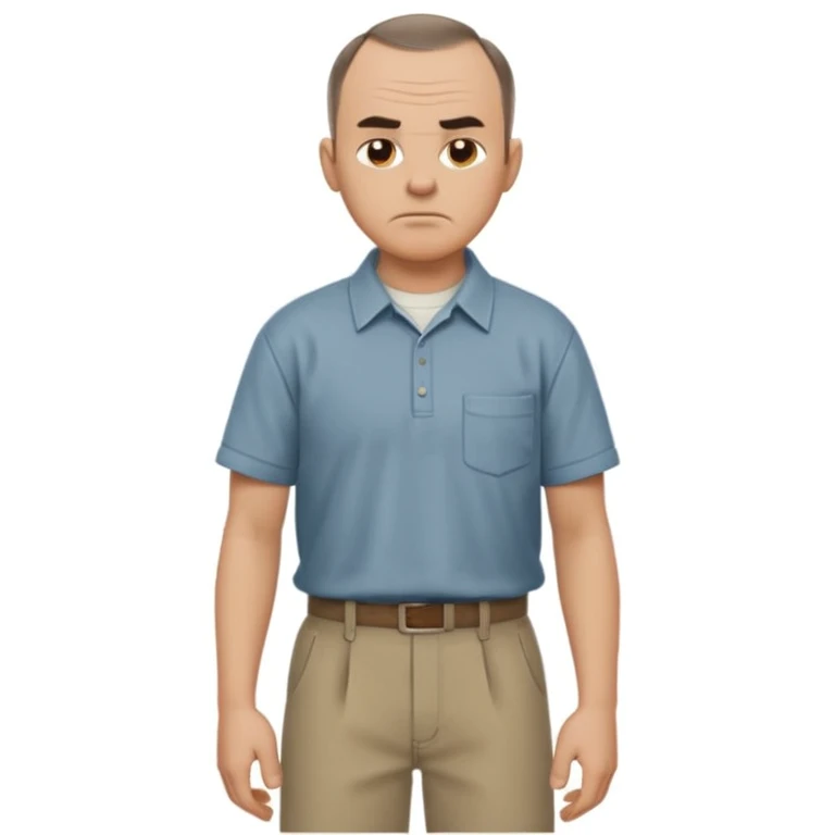 Carl from Sling Blade, serious expression, recognizable features, neutral background, full body, chin sticking out, slouching posture, no glasses, shirt with collar,  side view, the 4th image is good. show his entire body, he is standing. we see him from the side. Not frontal view. Side view emoji