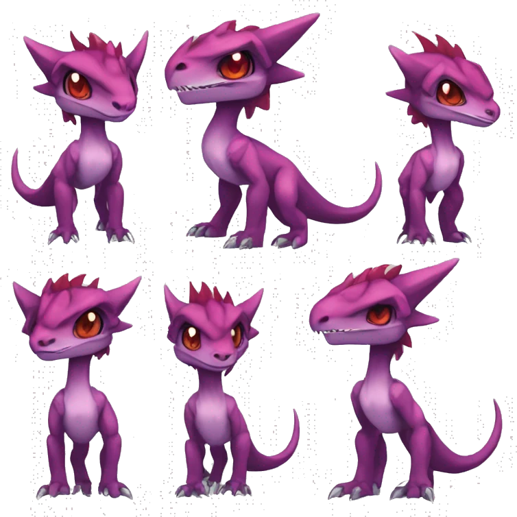 Chibi-Anthro Mauve-maroon-red-violet-colored edgy anthro-genesect-velociraptor-scalie-sona-Fakémon-hybrid with a mane on head and back and horns full body emoji