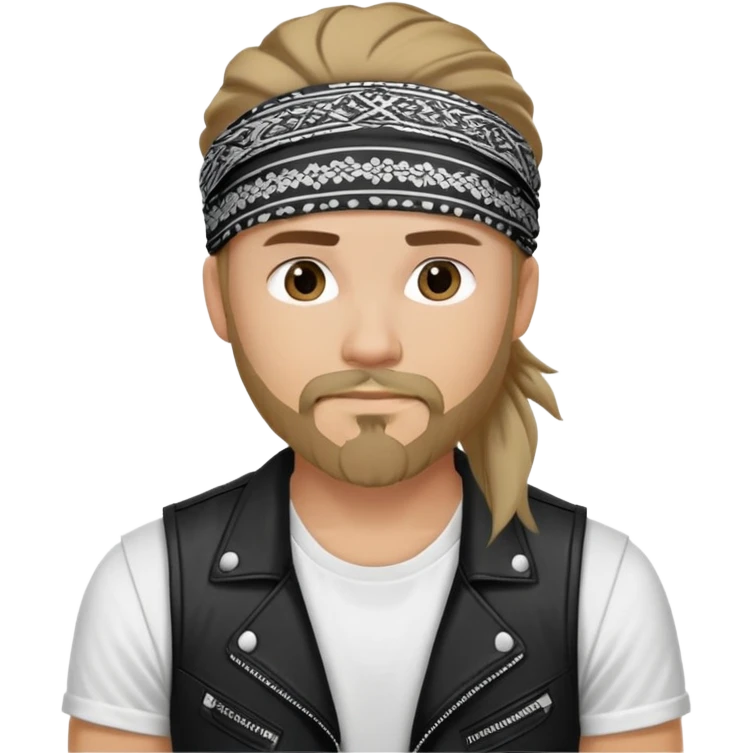 Guy wearing black and white patterned bandana as a headband with goatee and long hair, wearing white tshirt with black biker vest emoji