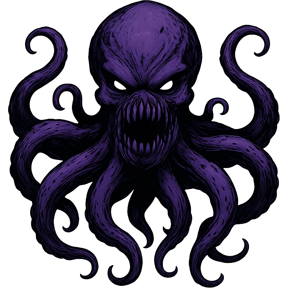 Remove the nose, make the octopus look scary, keep the purple color, with no background. Maintain the original style and details of the octopus while making it look scary and purple. emoji