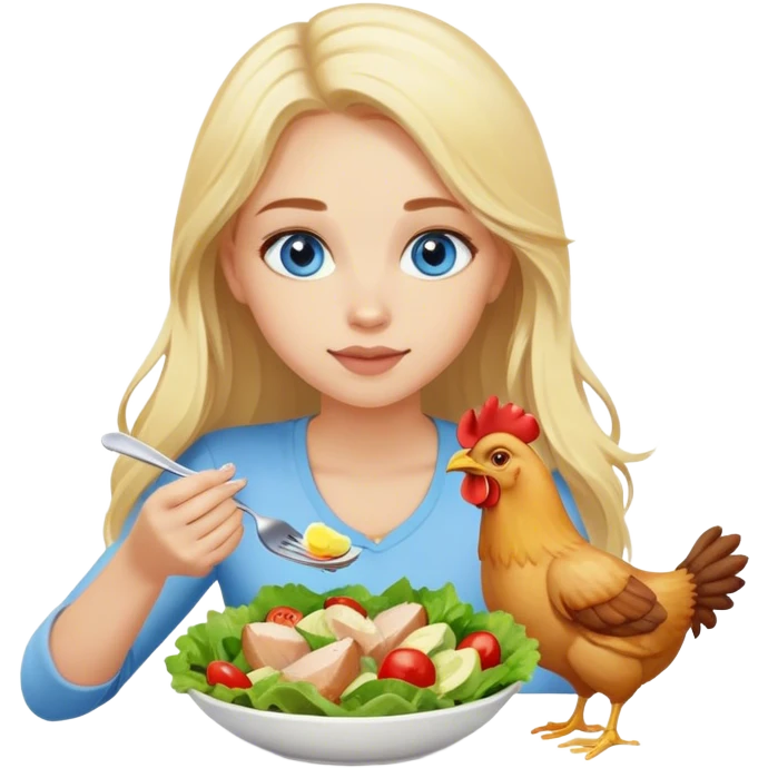 blonde girl with long hair and blue eyes eats salad and eats chicken emoji