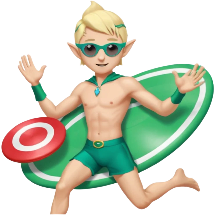 elf male legolas launching a frisbee woven from pure sunlight, wearing sporty teal swim shorts and performance sunglasses, pointy ears, centered emoji emoji