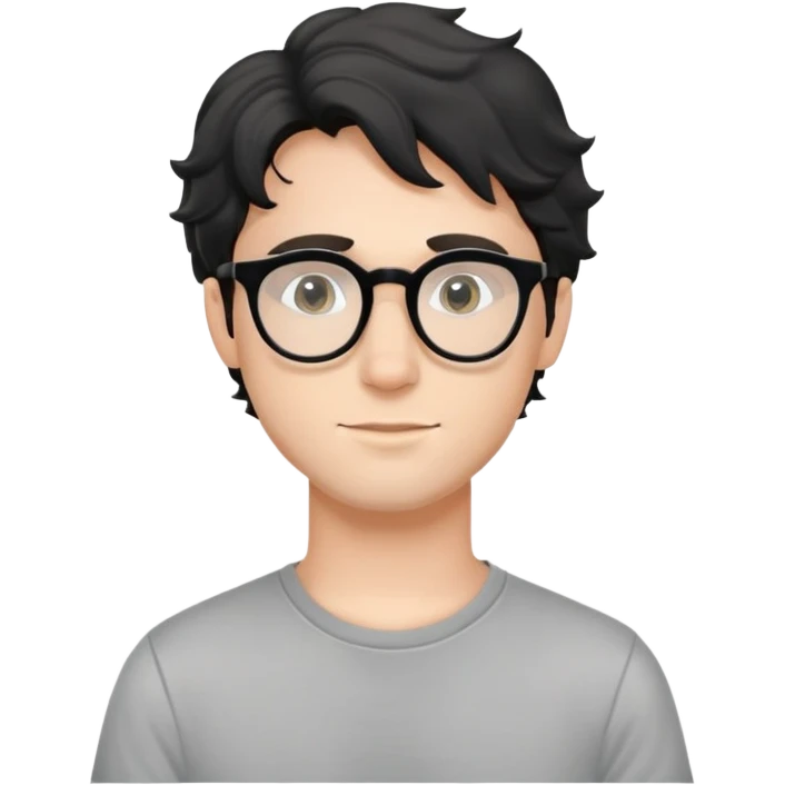 Young caucasian man with black wavy hair, round glasses, simple grey t-shirt emoji