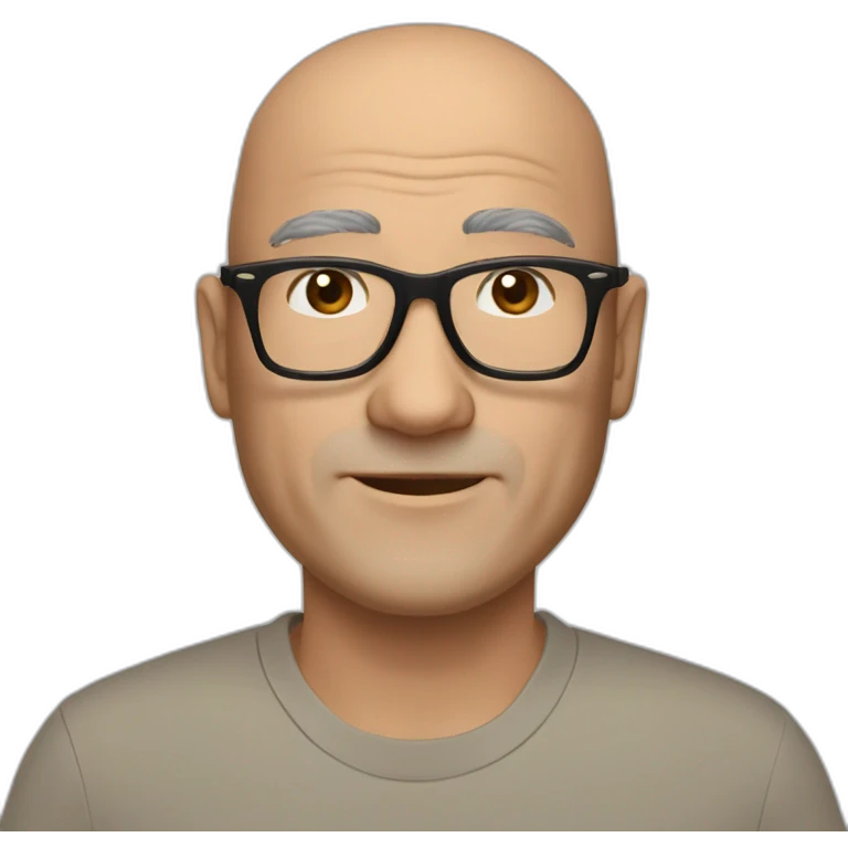 A fifty-year-old European man with a slight Asian appearance, a bald head, Ray-Ban glasses, and brown eyes with a friendly gaze. emoji