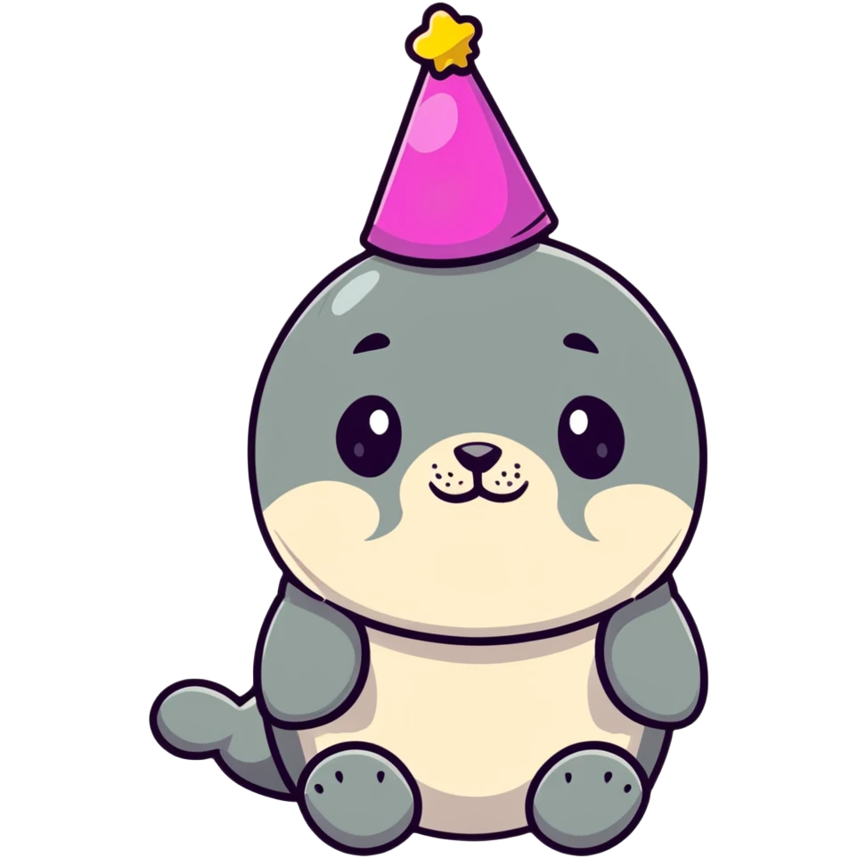 A cute seal wearing a colorful party hat, similar to a sustainable fuel plant logo emoji