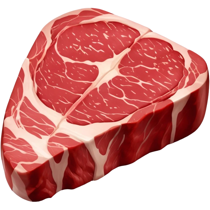 A raw steak with a deep red, fresh color and visible marbling of white fat. The surface is moist and smooth, slightly glossy, with natural muscle texture. The shape is thick and rounded, resembling a fresh cut of beef ready to be cooked emoji