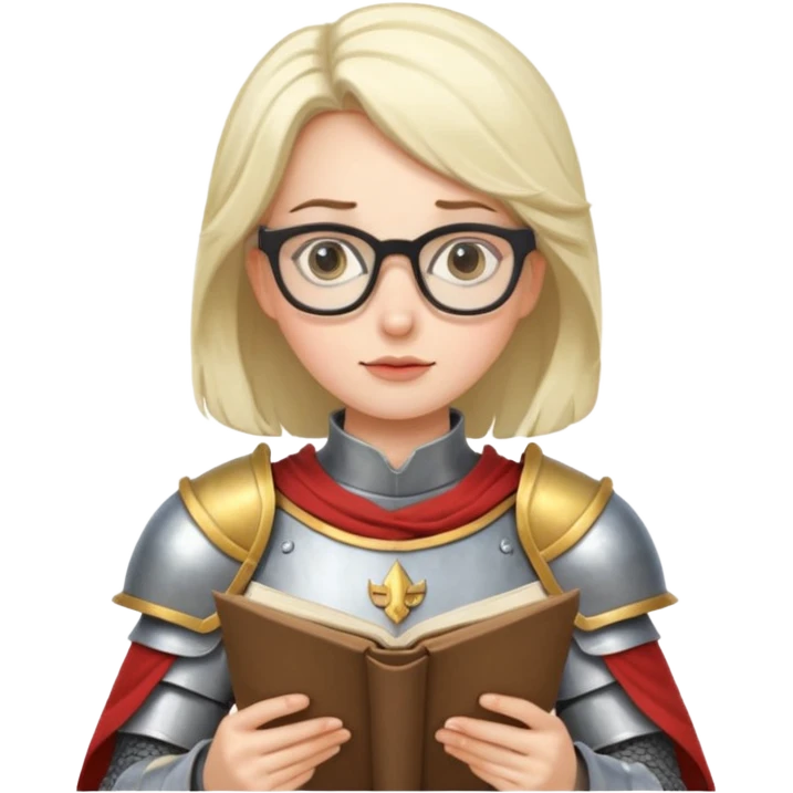 Female knight reading scroll, wearing glasses — curious expression. emoji