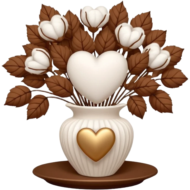 a bouquet of cotton flowers with brown dried petals, in a white ribbed vase on a white tray. next to it is a figurine in the form of a white heart, with a soft glow emoji