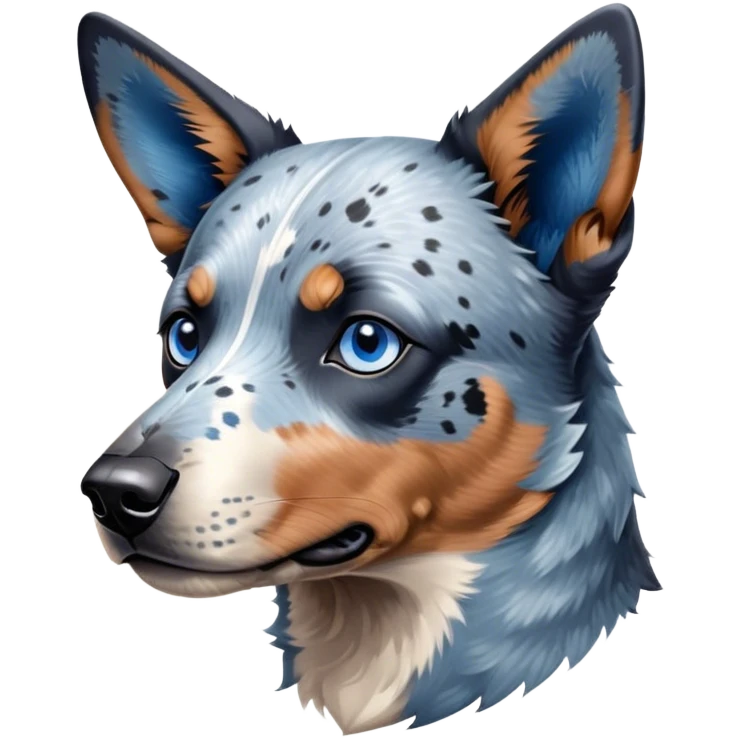 Cinematic Noble Blue Speckle Australian Cattle Dog Portrait Emoji, Poised and regal, with a robust, athletic build and a striking blue speckle Fur, piercing blue eyes, Simplified yet sharp and sophisticated features, highly detailed, glowing with a cool, dignified glow, high shine, intelligent and hardworking, stylized with an air of precision, focused and attentive, soft glowing outline, capturing the essence of a watchful and determined herder, so majestic it feels as though it could leap out of the screen with effortless authority! emoji