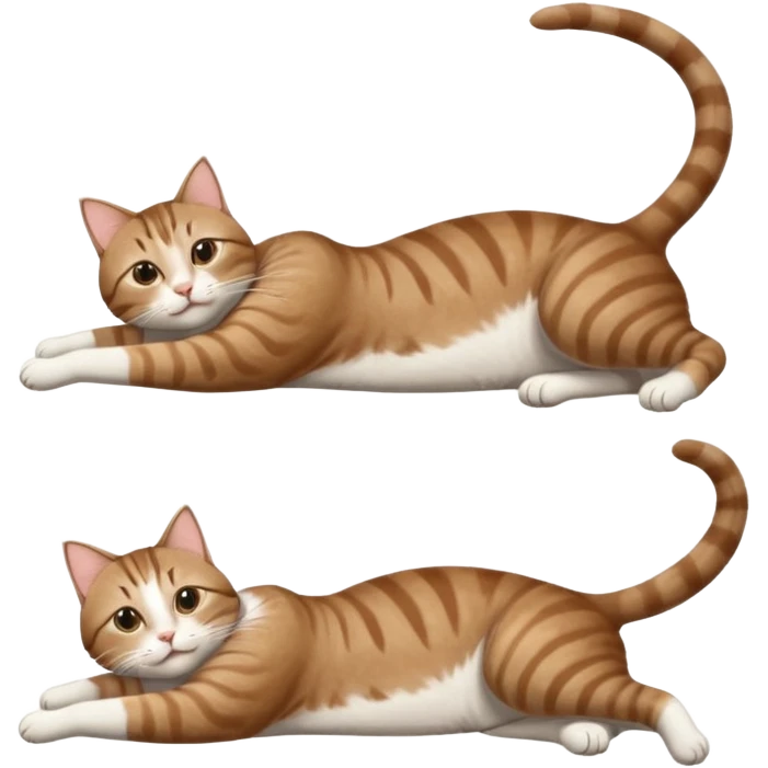 brown tabby and white cat with doing a big extremely long stretch reaching up into the air with arms and legs side by side together straight and overextended whilst lying on its side emoji