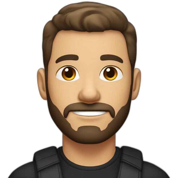 White man with slight sun kissed tan, dark brown eyes and undercut fade hairstyle. He has beard stubble and mustache trimmed. Black clothing, hair styled sideways backwards. emoji